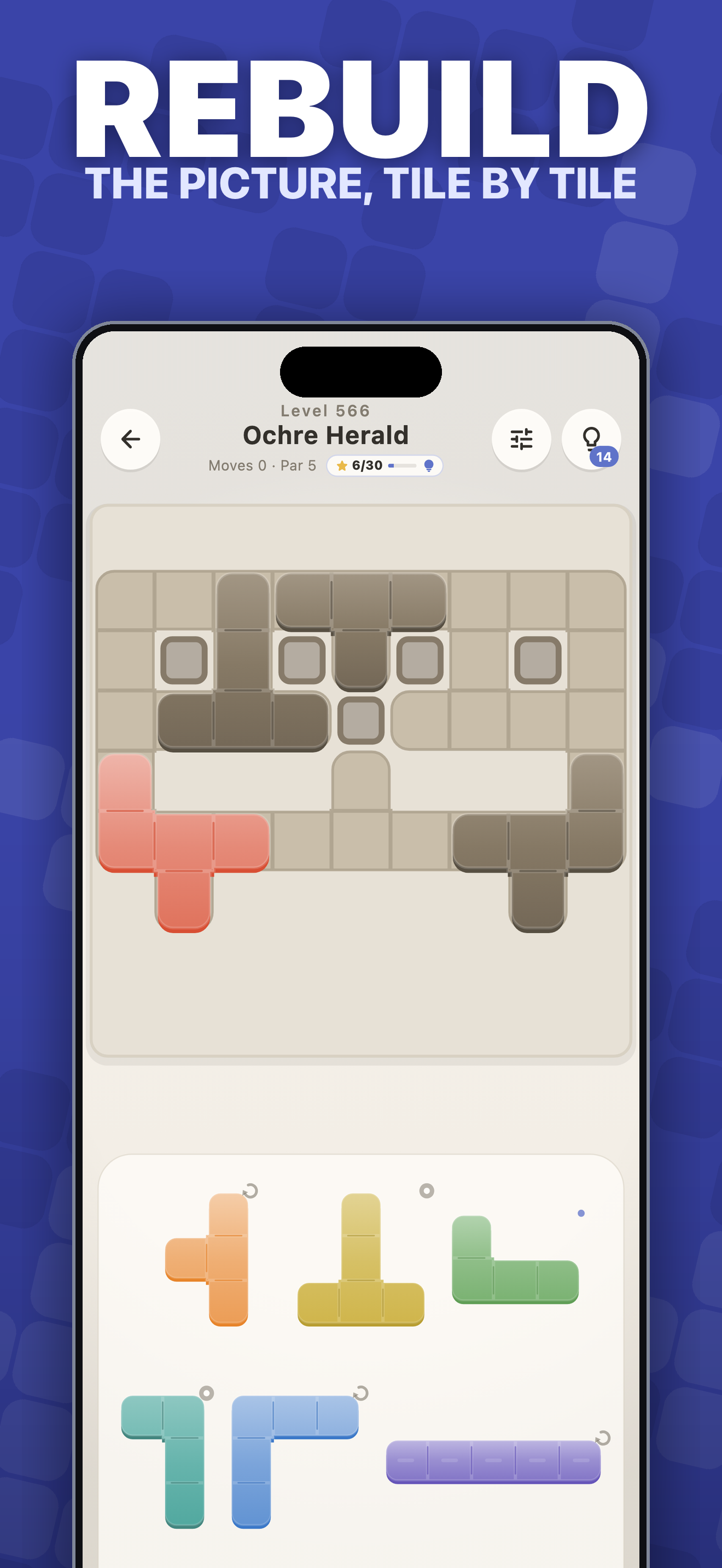 Tessera's Ochre Herald puzzle: a silhouette with blocked cells, one placed tile and geometric pieces waiting in the tray.
