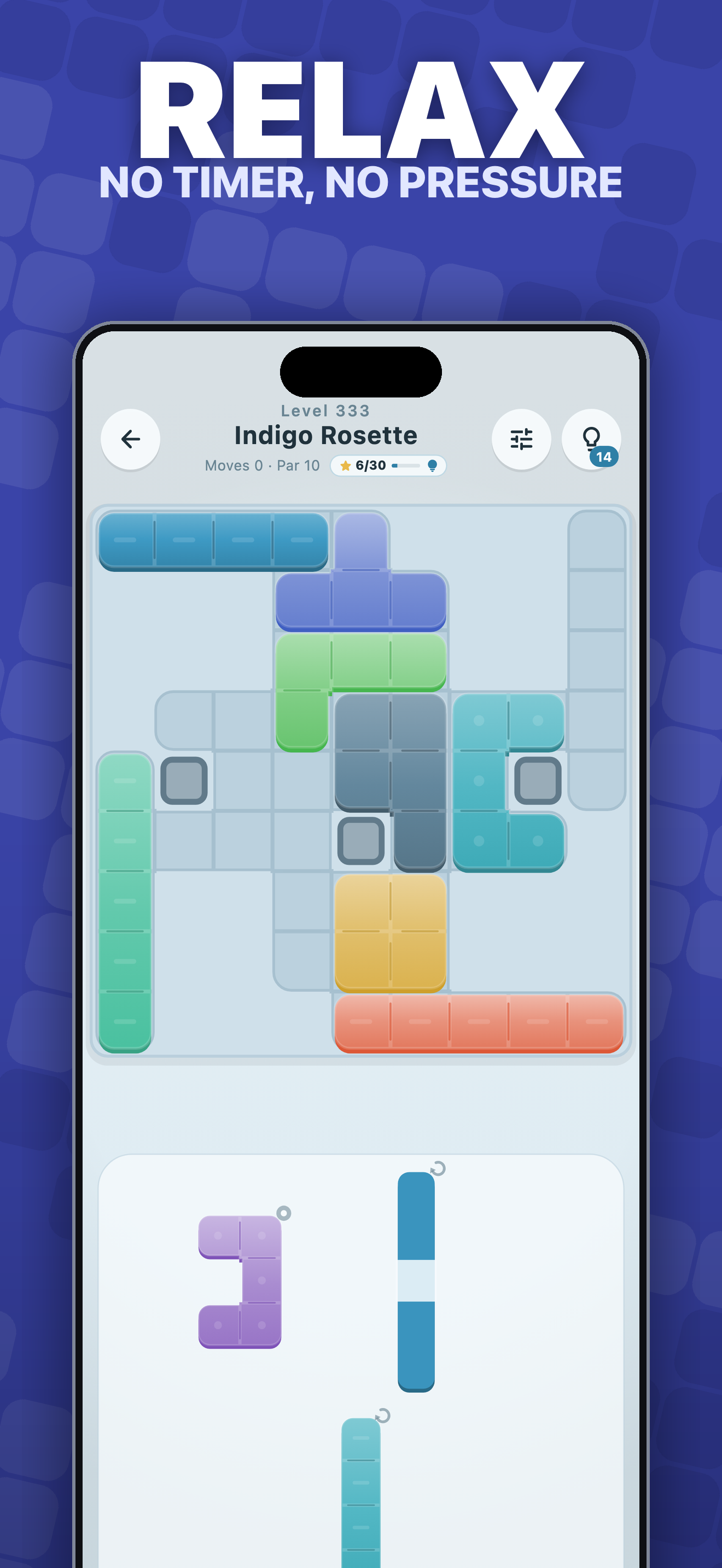 A partly filled Indigo Rosette puzzle in Tessera's Ocean theme, with colorful tiles fitting around blocked cells.